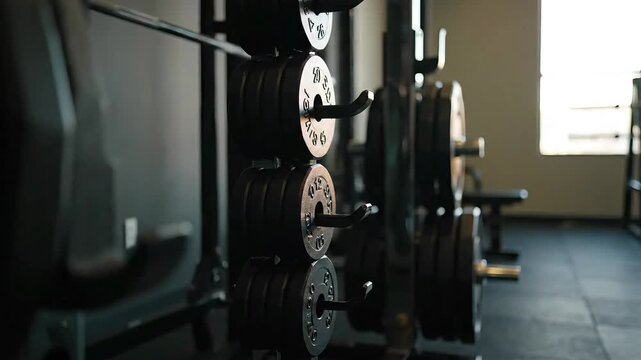 Weight plates neatly organized on a rack in a modern gym, ready for a strength training session and workout