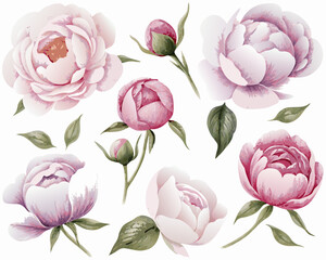 Watercolor depiction of delicate pink peonies and buds on a white background © Indira