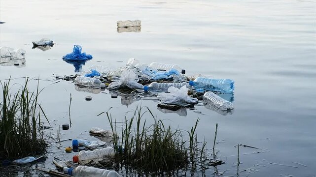 Polluted Water with Plastic Waste and Debris.