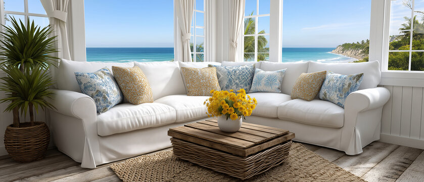 Serene Beachside Living Room A bright and airy living room with a comfortable sectional sofa, accent pillows, and a wooden coffee table, all set against a stunning backdrop of the ocean.