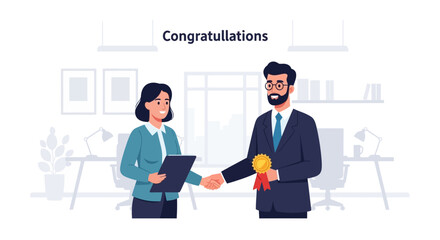 Man and woman shaking hands in a professional office setting with a congratulatory message displayed prominently above them