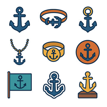 Nautical anchor icons collection with rings, necklaces, and flags on gradient background