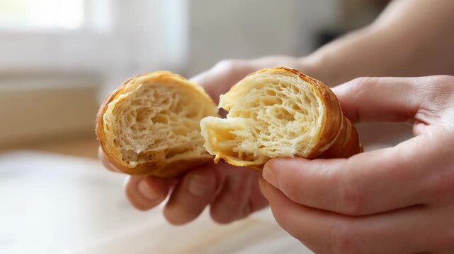 A close-up of a person breaking a crispy croissant in half, steam escaping, soft airy interior texture, bright natural lighting, professional food styling.