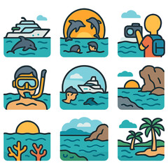 Fototapeta premium Tropical adventure icons: snorkeling, dolphins, photography, sunset, ocean views