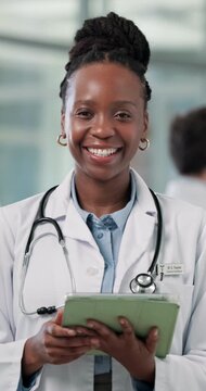 Face, woman and doctor with tablet in hospital for career pride, medical report and schedule. Portrait, female person and digital with about us, telehealth and happy employee for healthcare services