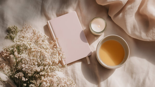 Flat lay of pastel pink notebook and morning tea with spring flowers, copy space for daily quote 