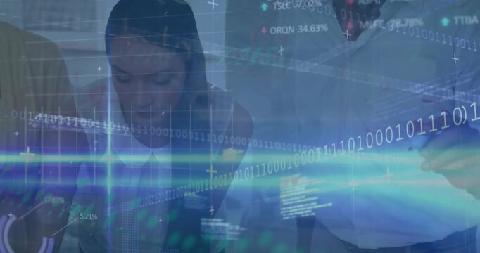 Animation of binary codes, computer languages, trading board, diverse coworkers writing with marker
