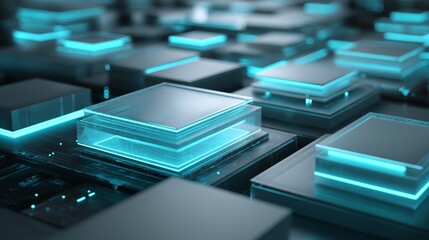 AI data center shows geometric shapes with a modern design on a dark background