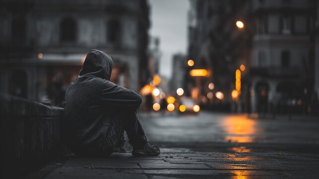 Person sitting alone on wet city pavement at dusk, framed by blurred urban streetlight, conveying urban homelessness and social isolation.