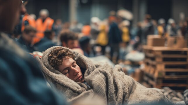 Person sleeping on cot under blanket inside crowded urban homelessness homeless shelter, conveying shelter, exhaustion, and temporary refuge.