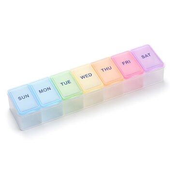 Weekly Pill Organizer Box Isolated on White Background, Colorful Medication Planner