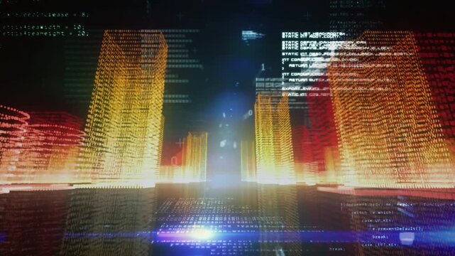 Animation of binary codes and computer language over 3d model of buildings