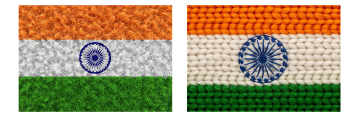 Set of two Indian national flags with unique textures featuring a fuzzy carpet style and a detailed knitted wool fabric pattern. Transparent, Png background