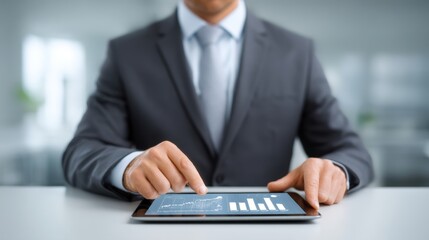 Business Professional Analyzing Data Trends on Tablet Device in Modern Office Environment with Graphs and Charts Displayed on Screen