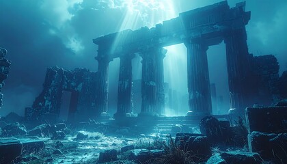 Ancient pillars and ruins submerged underwater. Beams of light pierce through the cloudy surface illuminating the submerged architecture