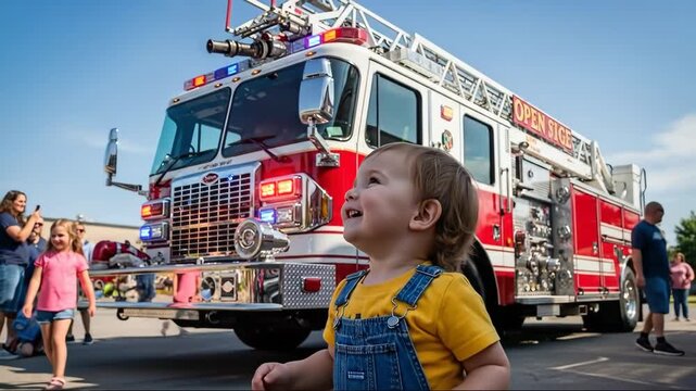 Excited child watching fire truck parade with enthusiastic crowd in urban setting
