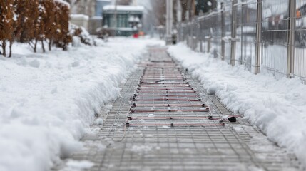 Fototapeta premium Medium shot of electric underfoot heating system embedded in concrete walkway melting snow for safe winter passage