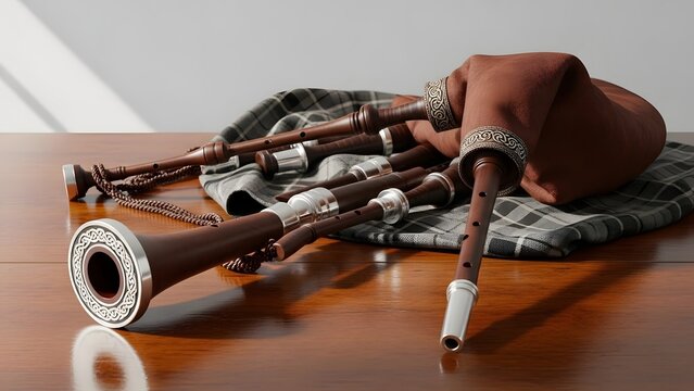 Traditional scottish highland bagpipes on a wooden table