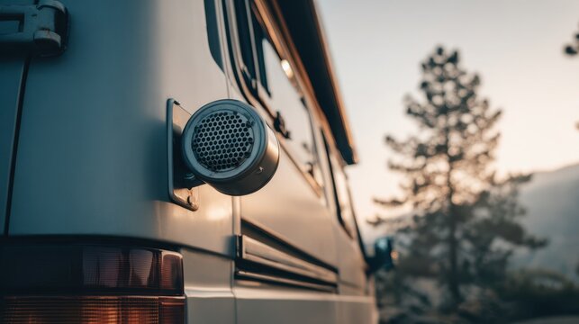 Closeup on a lightweight ecoexhaust unit installed in a camper van emphasizing portability and efficiency for minimalist van life enthusiasts.