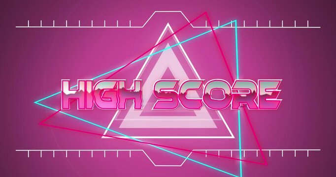Animation of high score text over neon banner against triangular shapes in seamless pattern