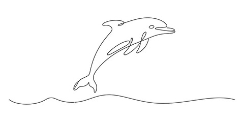 Continuous line drawing illustration of a graceful dolphin leaping above the ocean surface © Badhon_Art Gallery