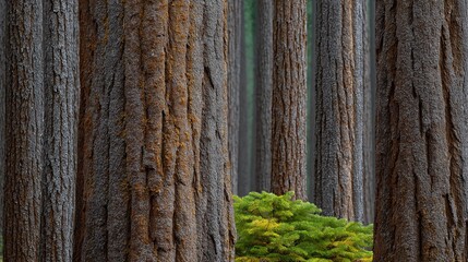 Obraz premium A row of trees with a small green plant growing in between them
