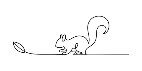 Simple and modern continuous line illustration of a squirrel and a leaf © Badhon_Art Gallery