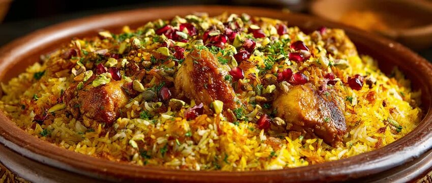Close-up of a traditional chicken biryani dish with rice. Gourmet Middle Eastern cuisine garnished with pomegranate and pistachios. Delicious and festive meal concept