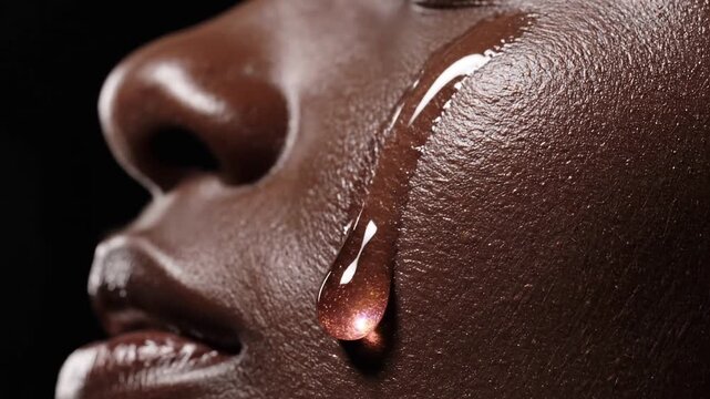 Close up face detail showing glistening skin and a liquid droplet