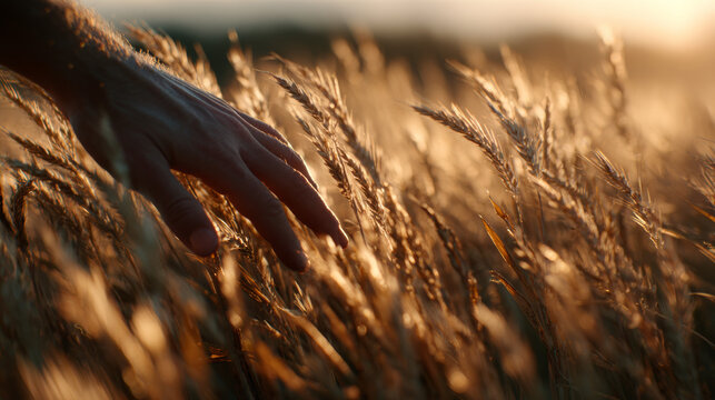 Over-the-shoulder view of a farmer touching tall rye stalks in a thriving regenerative field at sunset