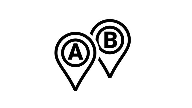 Route Point A to B animation. Map pin icons showing distance from point A to B for navigation and logistics tracking.