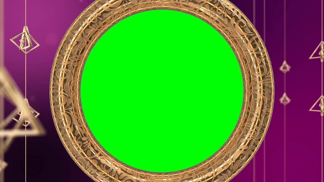 A vibrant green screen surrounded by intricate gold designs on a purple background, ideal for adding custom content 