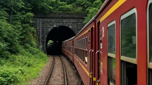 Red train journey through lush greenery entering dark tunnel on scenic railway track