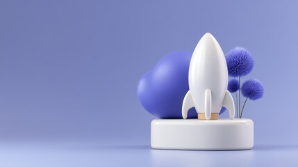 White rocket model with decorative purple shapes and flower arrangements on a light purple background for creative and modern design concepts