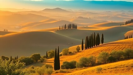 Obraz premium cypress. Rolling Tuscan hills with cypress trees bathed in golden sunlight, evoking tranquility. travel magazines, destination branding, designed for outdoor magazines and nature guides. 