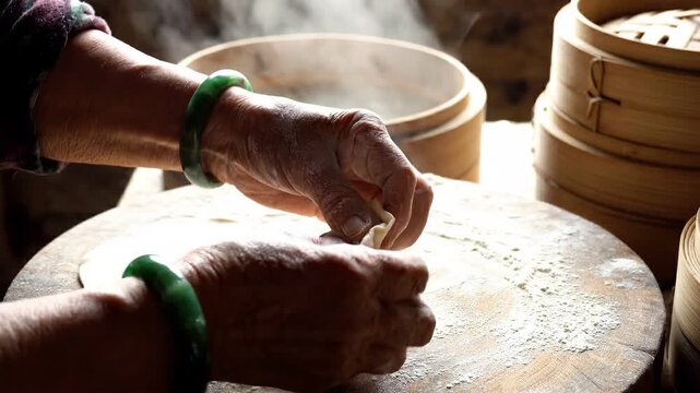 Hands preparing food with jade bracelets and wooden steamers