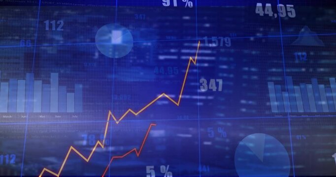 Finance dashboard displaying rising yellow red line graphs with bars on blue grid in flat design