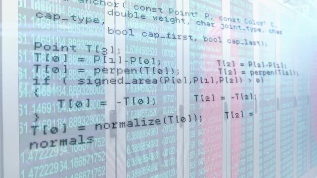 On opening transparent overlay scrolling and panning, revealing code routines across server racks