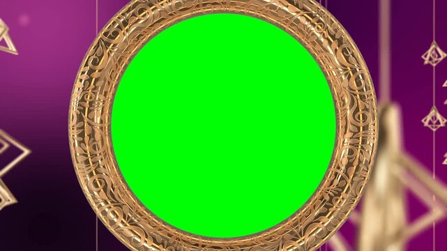 A vibrant green screen surrounded by intricate golden designs on a purple background with hanging ornaments 