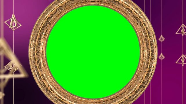A showcasing a green screen within an ornate gold frame, set against a rich purple background with elegant hanging decorations