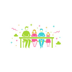 Family sitting together around a table in colorful illustration  