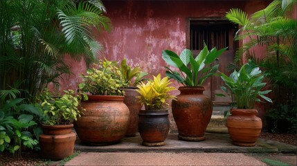 Fototapeta premium Collection of Beautiful Potted Plants and Decorative Pots in a Serene Garden Setting with Rustic Wall Background, Ideal for Home Decor Inspiration