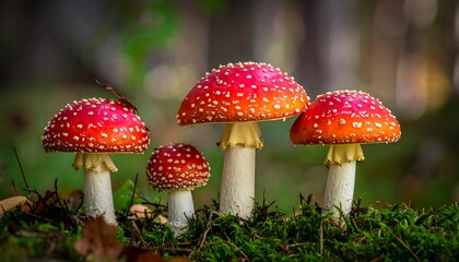 Close-up of four red and white spotted mushrooms on a bed of green moss, a butterfly perched on one