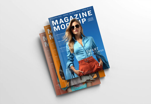 A Stack of Three Magazine Covers on White Background Mockup