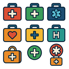 Obraz premium Colorful medical icon set: first aid, cross, heart, emergency symbols