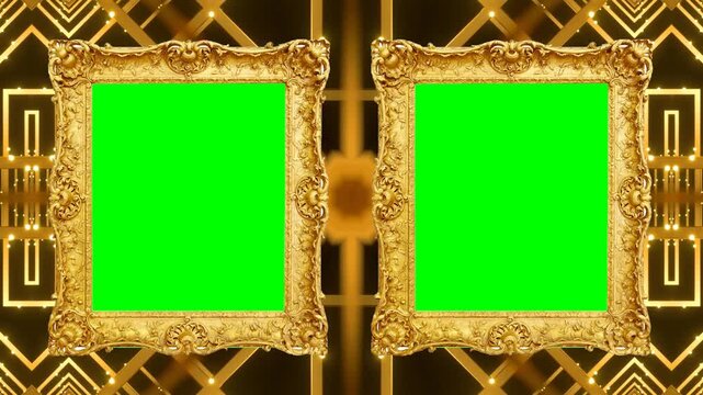 A showcasing two ornate gold picture frames with green screen on a luxurious black and gold background 