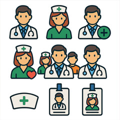 Fototapeta premium Medical professionals and healthcare icons in cartoon style