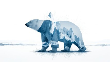 Double exposure of polar bears and Arctic glaciers: climate change and the loss of Arctic habitats. AI generated.
