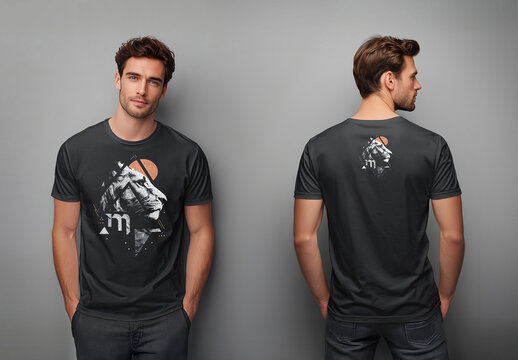 Front and Back Views of A Man Wearing A Black T-shirt Mockup 