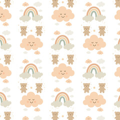 A cute abstract children's pattern featuring bears in the clouds and a rainbow.